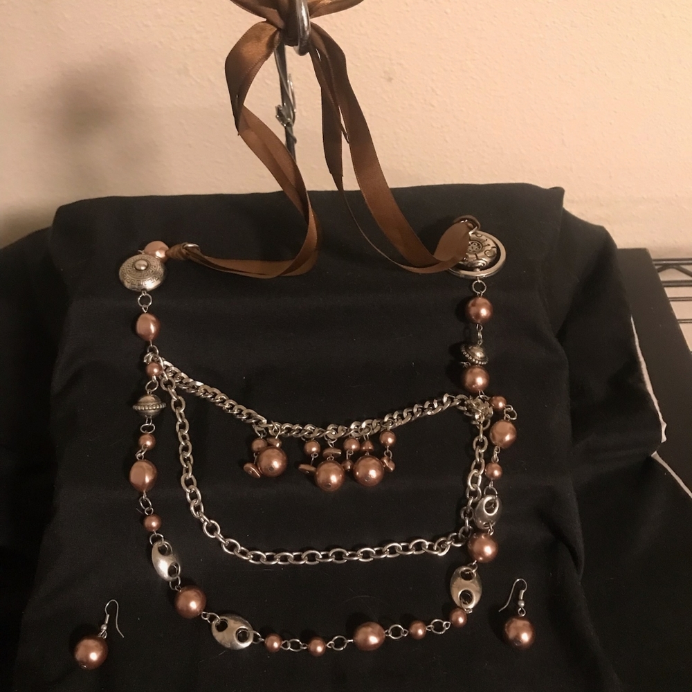 Brown Ribbon Necklace with Brown Bulb  Earrings